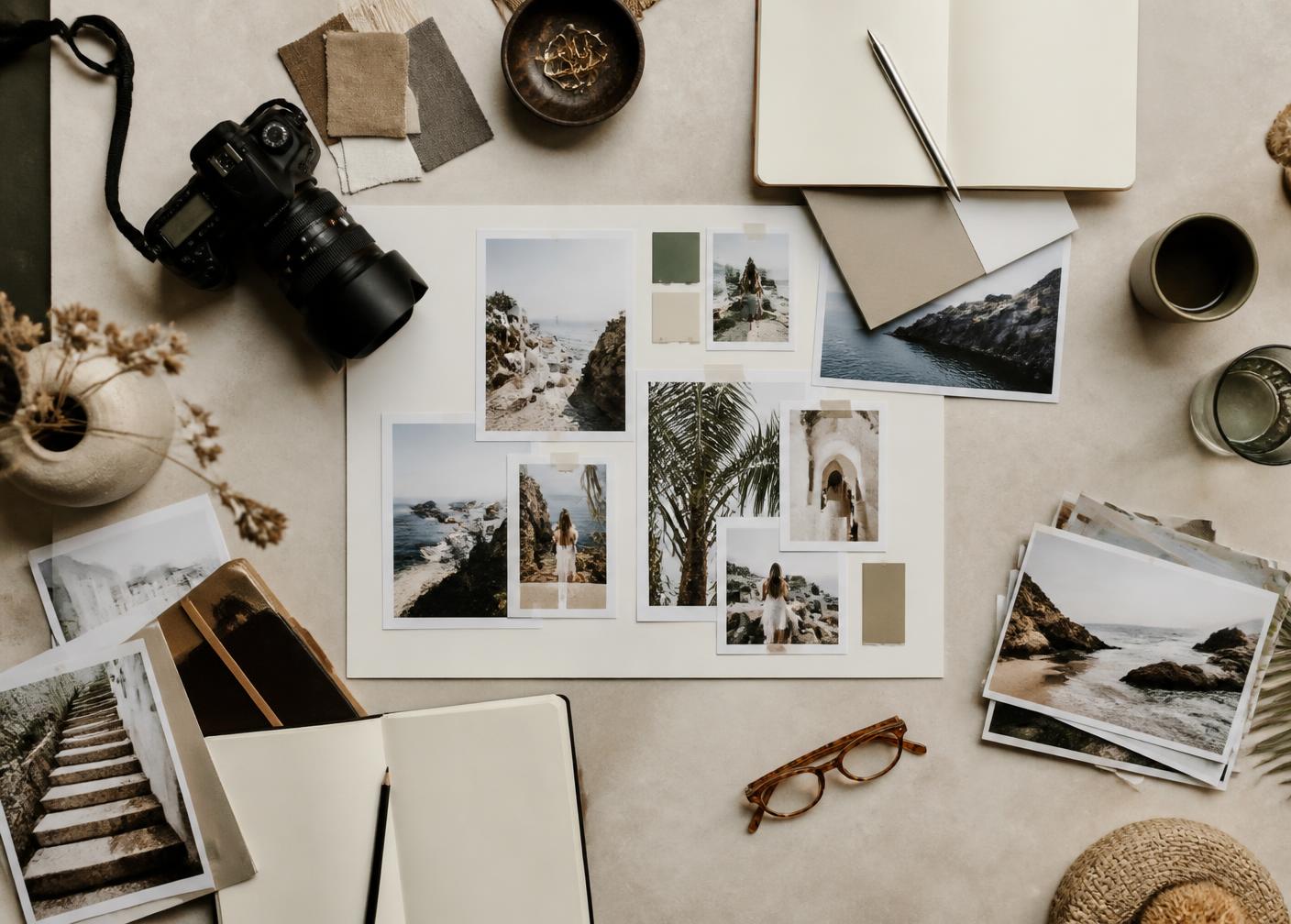 Seyahat markası için içerik üretim masası ve mood board