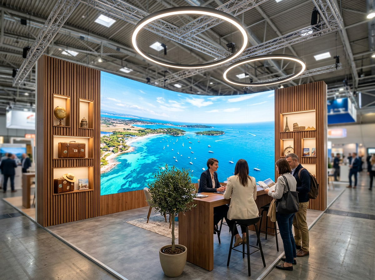 Kavisli LED ekranlı, ahşap detaylı modern turizm fuarı standı